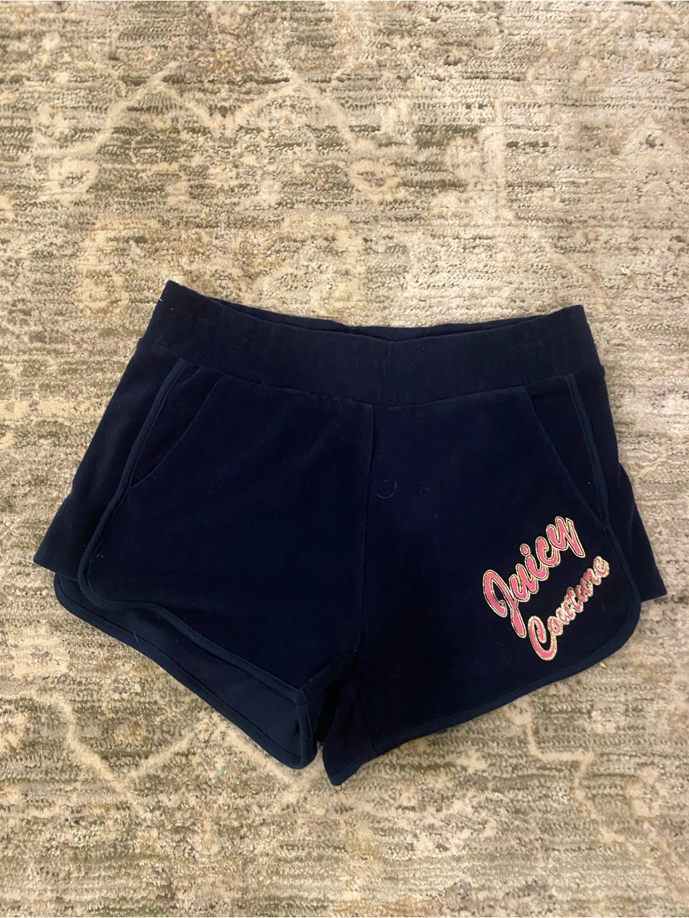 Juicy Couture Navy Velour Athletic Shorts with Pink Logo